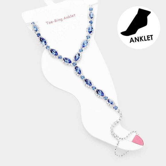 Anklet Blue Marquise Rhinestone Silver Toe Ring - Picture 4 of 6